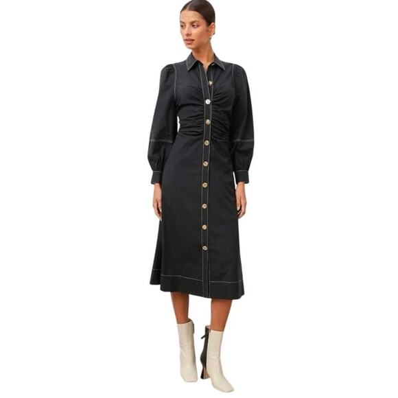 Rails Long Sleeve Ruched Button Up Kimber Midi A-Line Dress NWOT Black XS - Picture 1 of 9